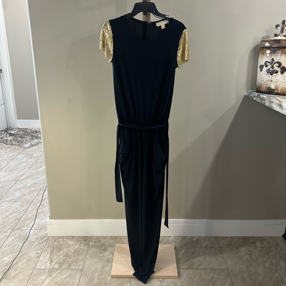 Michael Kors Black Jumpsuit Gold Chain Mesh Sleeves Womenโs Size XXS - Picture 3 of 5